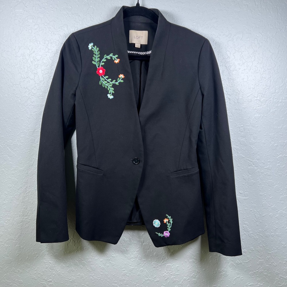 New Loft  Blazer Women Embroidered Floral Office Professional 0 Black Lined